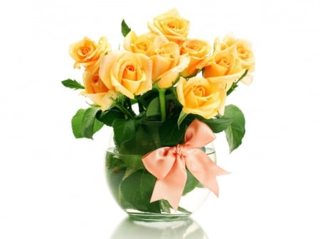 yellow roses with pink ribbon - flowers, yellow roses, still life, pink ribbon