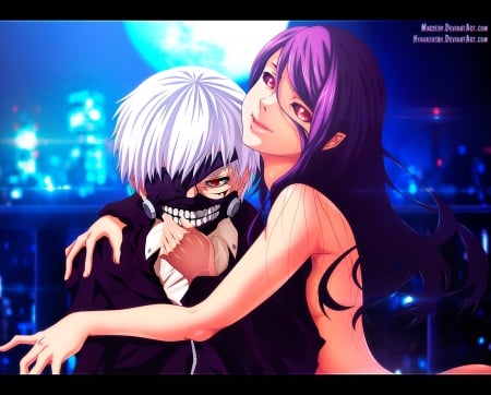 Kaneki & Rize - love, moon, rize, couple, mask, nigh, tokyo ghoul, long hair, anime, kaneki, ghoul