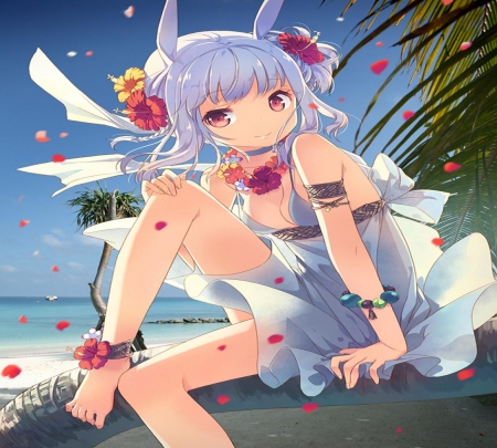 Suee - beach, girl, summer, flowers, bunny, orginal, cute