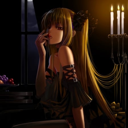 Red Cherry - creepy, hot, sundress, delicious, anime girl, blond hair, blonde hair, sexy, yummy, creep, shidou mariya, gloomy, light, long hair, eat, beautiful, maria holic, sweet, shidou, dress, nice, realistic, beauty, female, candles, blond, gloom, red eyes, pretty, anime, girl, lovely, cg, fruit, hd, mariya, eating, grape, blonde