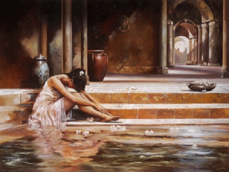 Moment of Solitude - flowers, water, sad, woman, painting, girl