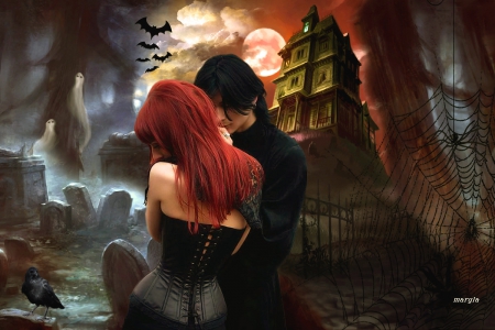 gothic lovers - spider, raven, evening, guy, night, mystery, castle, clouds, moon, trees, bat, fog, forever, gothic, together, love, cemetery, woman, spider web, grave, couple