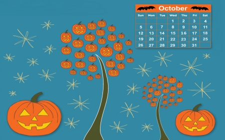 October Calendar - pumpkins, bats, stars, trees, october, calendar