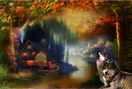 Wolves at the door - river, cabins, autumn leaves, Wolves