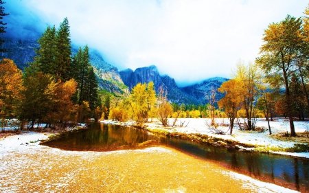 First Snow in late Autumn - fall, firs, landscape, river, leaves, trees, colors, seasonal