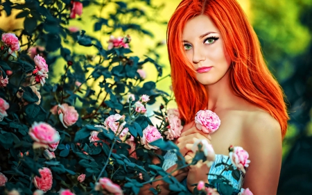 redhead beauty - beauty, woman, women, girls, redhead, skyphoenixx1, angel, girl, people, green eyes, blossoms, flowers