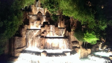 Waterfall @ the Bellagio, Las Vegas - trees, water, bellagio, las vegas, waterfall, lights, nevada