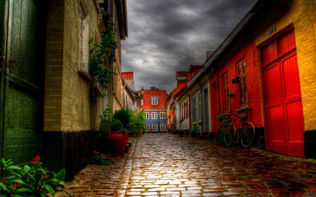 Houses on Cobblestone Street - hdr - cobblestone street, bike, houses, architecture