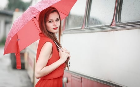 avtobus - red, umbrella, dress, beauty