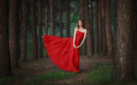 devushka - balance, forest, red, dress