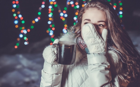 winter coffee - beauty, coffee, light, winter, city, jacket