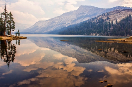 Tenaya Lake, Yosemite National Park - california, forest, mountains, tranquility, beautiful, lake, reflection, clouds, calm waters