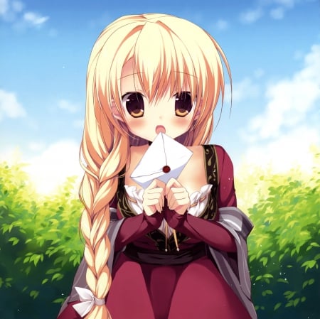 Love â™¡ Letter - nice, female, blond, anime girl, blond hair, pretty, blonde hair, anime, cute, adorable, girl, blushing, braids, long hair, loli, gown, lovely, cg, hd, letter, kawaii, blush, sweet, dress, blonde, lolita