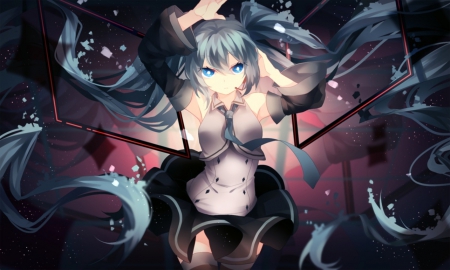 Sounded - female, twintail, aqua hair, gloom, miku hatsune, anime  girl, dark, anime, miku, twin tail, hatsune miku, gloomy, girl, twintails, light, long hair, vocaloids, hatsune, twin tails, vocaloid