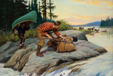 The Hunt - men, rocks, deer, river