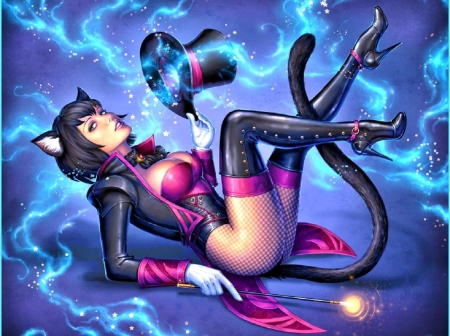 Sweet Kitty Magic - sexy, female, hat, wand, magic, fantasy, ears, catwoman, sweet, short hair