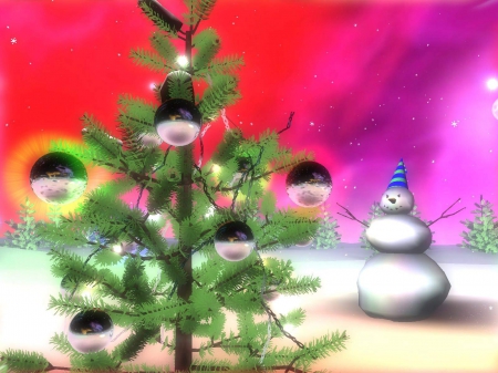 christmas snowman - snowman, tree, bouble, christmas