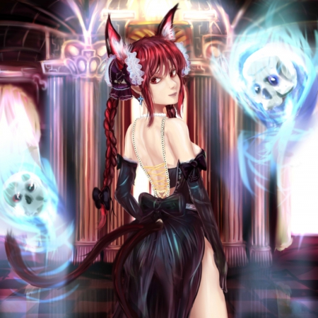 Sexy Back - skull, realistic, beauty, redhead, neko mimi, female, hot, magic, anime girl, nekomimi, gorgeous, touhou, anime, skeleton, neko, sexy, girl, braids, long hair, gown, red hair, ears, kaenbyou rin, beautiful, kitsune, dress, bone, float