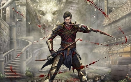 Dragon Age - knight, blood, fantasy, art, game, red, man, dragon age, hawke