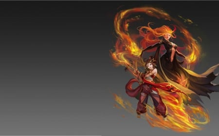 Fantasy girls - fighter, sorceress, game, fantasy, woman, fire, girl, little