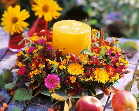 Flowers and Candle in Plate - flowers, candle, apple, plate