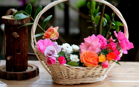 Basket with flowers - basket, flower, pink, rose