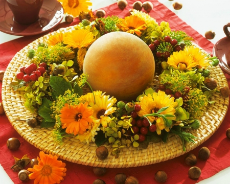 Beautiful Flower Arrangement - flowers, ball, plate, petals