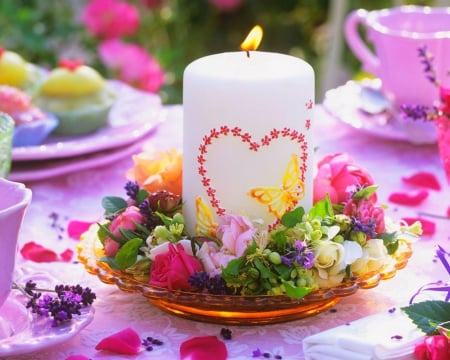 Flowers and Candle in a Plate - candle, wreaths, flowers, plate