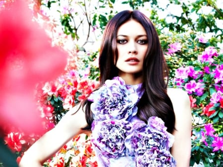 Olga Kurylenko - flower, purple, pink, actress, girl, woman, olga kurylenko, green