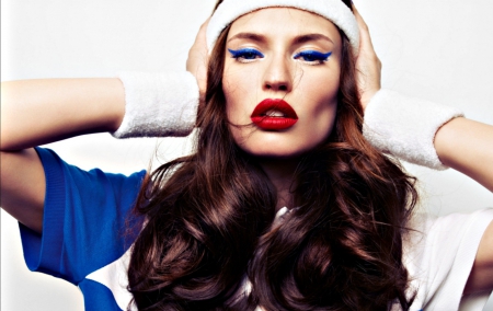 Bianca Balti - hat, blue, girl, make-up, white, red, woman, model, face, Bianca Balti