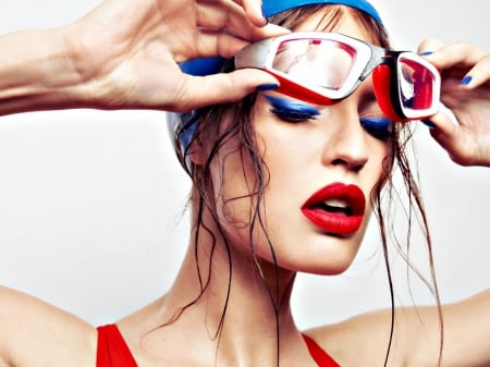 Bianca Balti - summer, blue, girl, make-up, white, glasses, red, woman, model, Bianca Balti