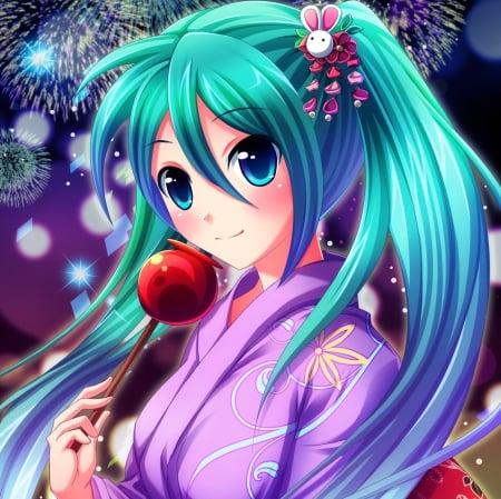 Sweet Candy - anime girl, kimono, fireworks, hatsune miku, adorable, blushing, long hair, vocaloids, vocaloid, beautiful, blush, sweet, nice, beauty, female, twintail, miku hatsune, pretty, anime, miku, twin tail, cute, girl, twintails, night, lovely, cg, hatsune, hd, kawaii, yukarta, twin tails, green hair