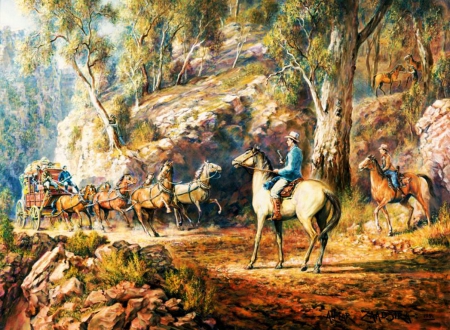 Bandits - horses, painting, people, coach, artwork, mountains, revolvers, path