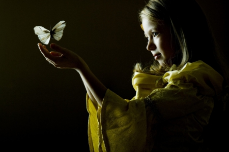 Wonder through the eyes of innocence - yellow dress, fly, splendor, eyes, butterfly, innocence, light, child