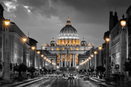 The light is of St. Peter is Church - black and white, two colors, city of vatican, photography