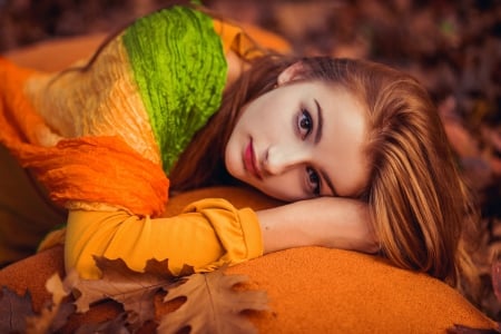 Autumn Beauty - fall, Autumn, female, redhead, woman, leaves