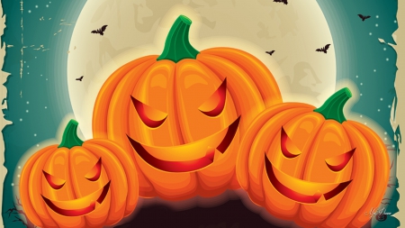 Happy Halloween Jacks - moon, halloween, pumpkins, jack o lanterns, bats, smiles, happy