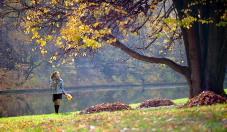 Autumn - girl, lake, trees, autumn