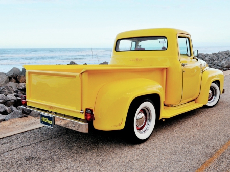 1956-Ford-F 100 - yellow, 1956, whitewalls, truck