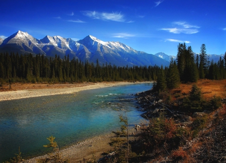 Kootenay River, Canada - river, beautiful, snowy peaks, blue sky, grass, forest, mountains