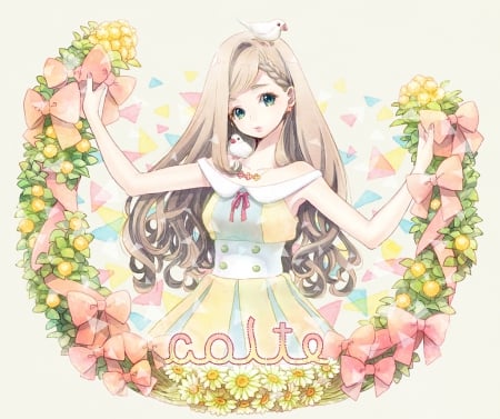 Colte - gown, flower, cute, maiden, beautiful, blossom, anime girl, adorable, girl, lady, floral, pretty, kawaii, beauty, sweet, brown hair, anime, hd, dress, cg, long hair, nice, lovely, female