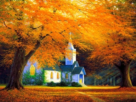 Autumn church - trees, beautiful, colors, forest, lovely, church, fall, path, countryside, autumn, painting, serenity, art, foliage