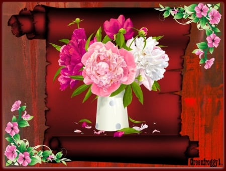 FLOWERS IN VASE ON SCROLL - flowers, vase, creation, scroll