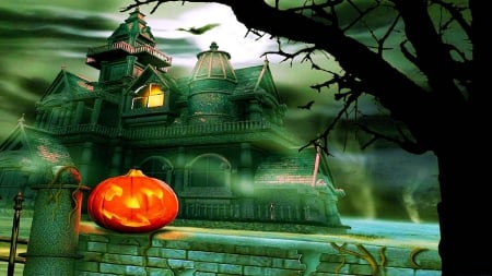 Abandoned House - building, scary, halloween, mystic, artwork, pumpkin