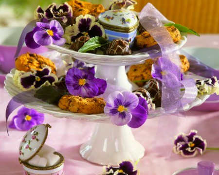 Beautiful Flowers - flowers, tray, petals, cookies