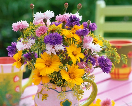 Beautiful Flowers - table, jar, flowers, petals