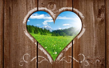 Heart window - landscape, heart, valentine, wood, brown, window, blue, green, texture