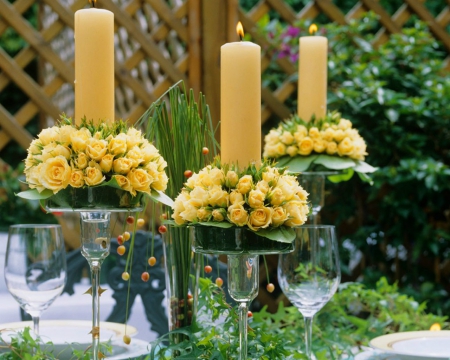 Flowers and Candles - flowers, candles, table, glass