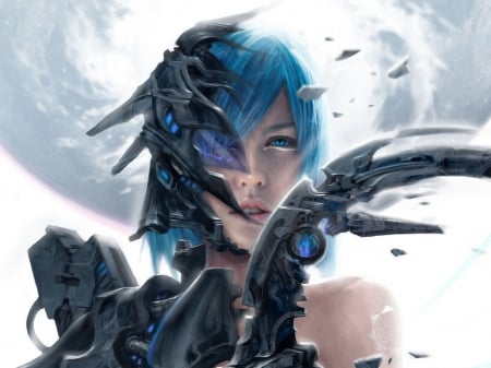 sci-fi girl - war, girl, sci-fi, blue hair