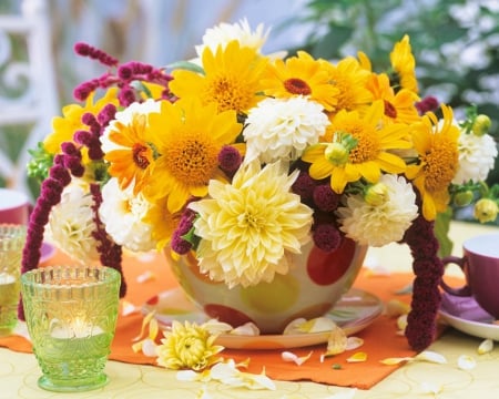 Beautiful Flowers - flowers, candles, bowl, bloom